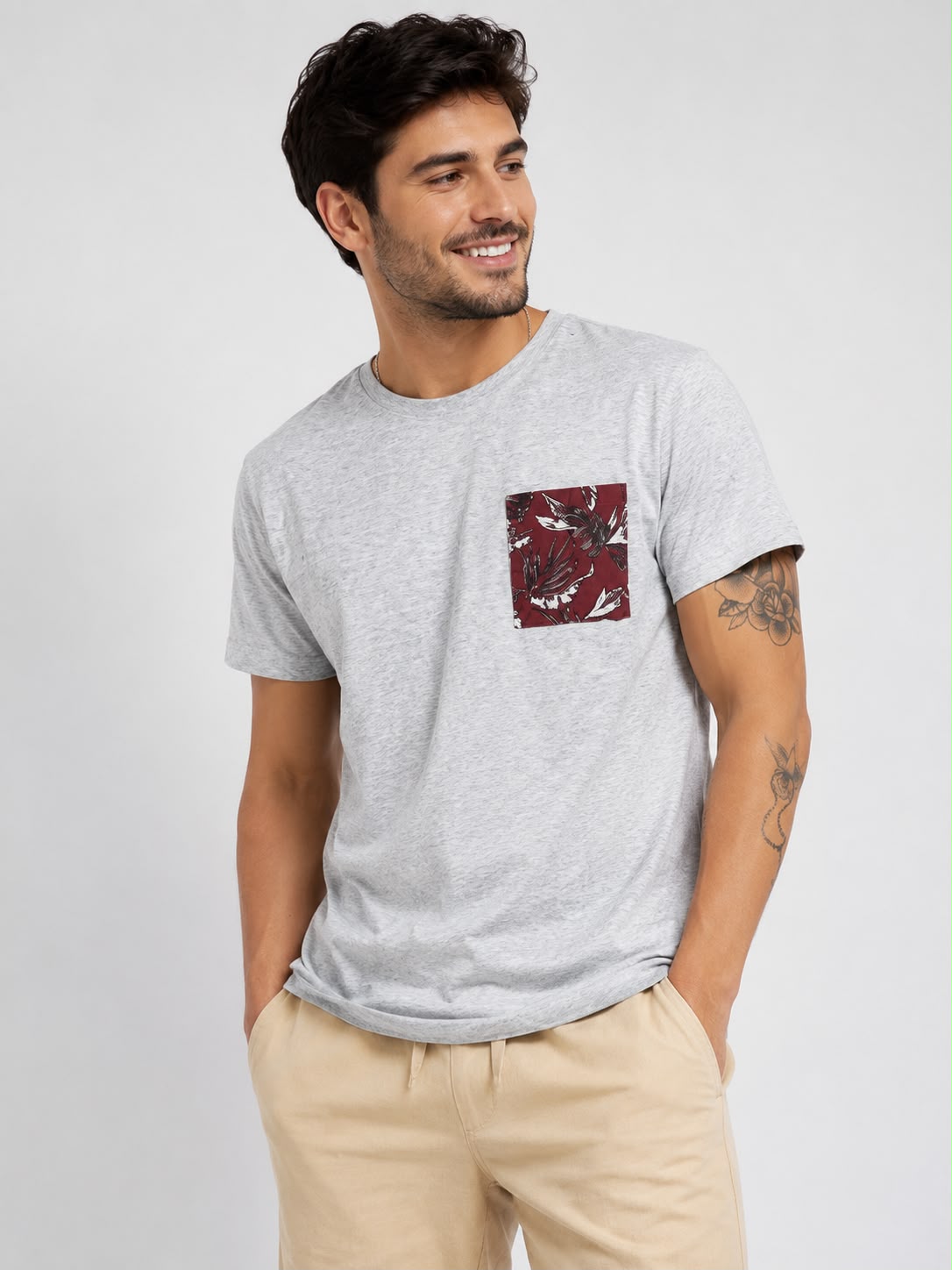 Grey Floral Woven Pocket T-Shirt